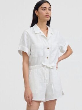 Venroy White Linen Camp Collar Playsuit Romper
